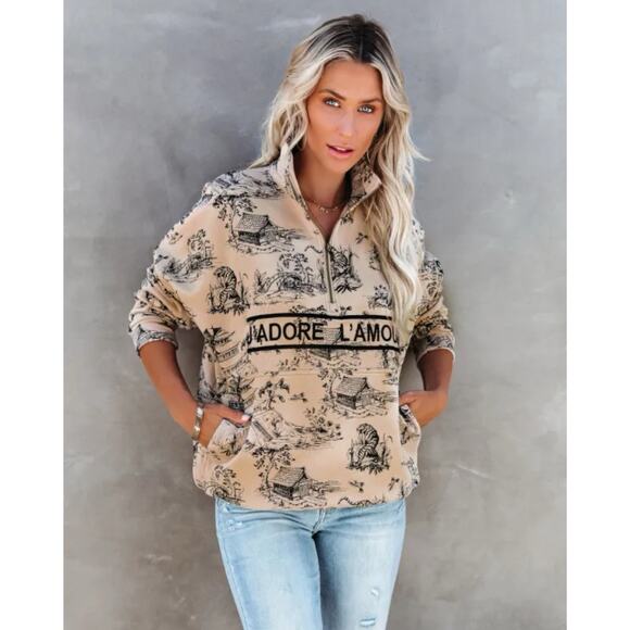 Ellandemm J’Adore L’amour French Toile Half Zip Beige Pullover Sweatshirt - Picture 1 of 6